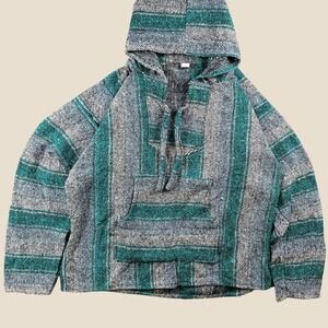 Artesanias Mickey Baja Hoodie Men XL Teal‎ Striped Mexican Boho Poncho Pullover